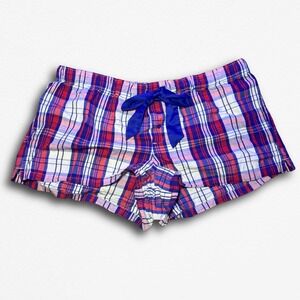 Red Blue White Plaid‎ Pajama Shorts with Blue Satin Bow Accent